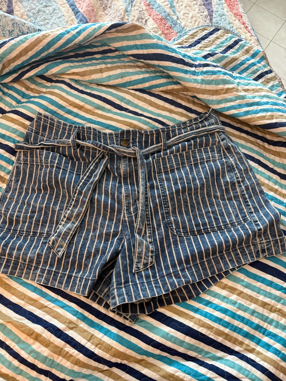 American Eagle Outfitters Blue and White Striped Tie-Waist Jean Shorts